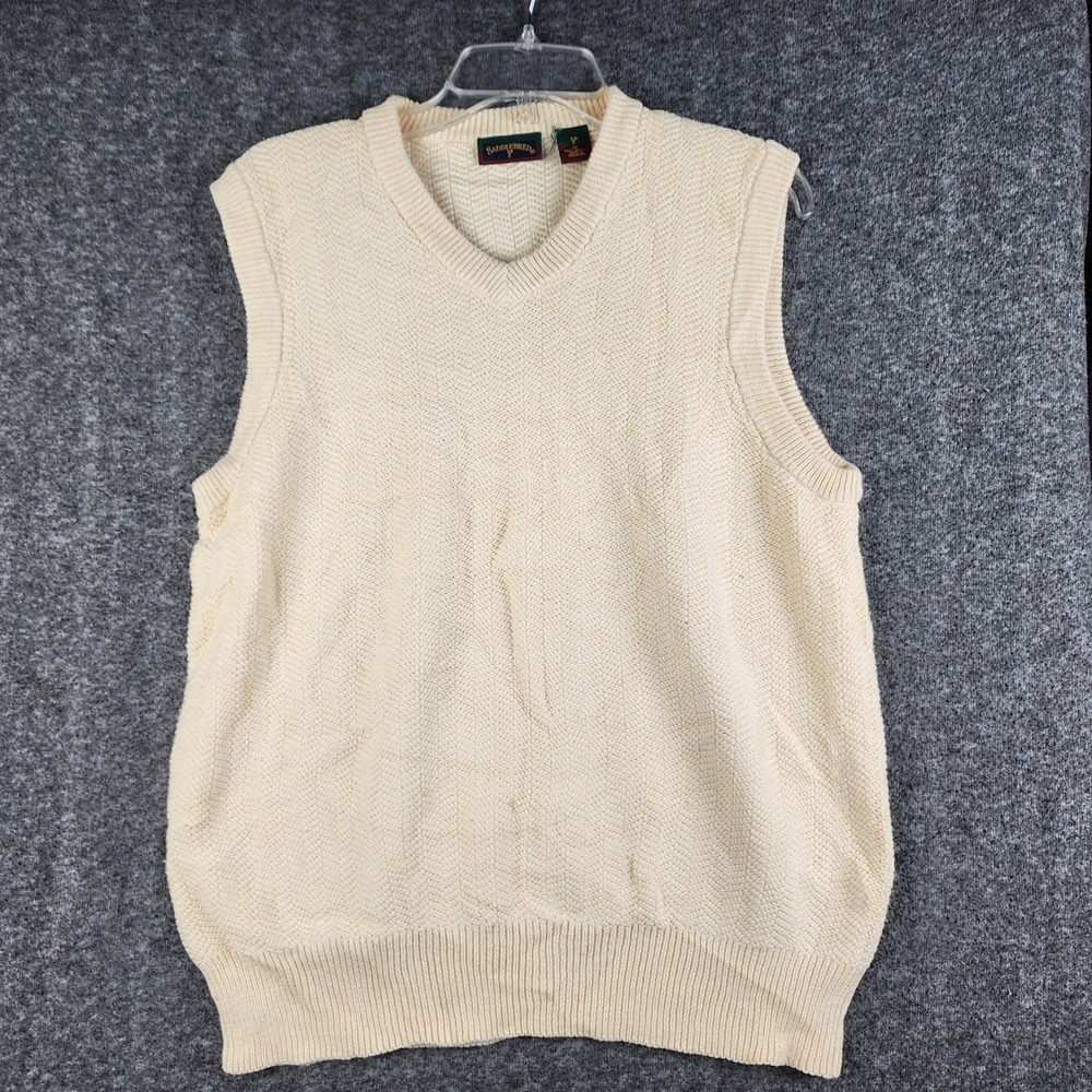 Saddlebred Sweater Vest Mens M Cream Ivory 100% Cotton Vintage 90s V-Neck Knit